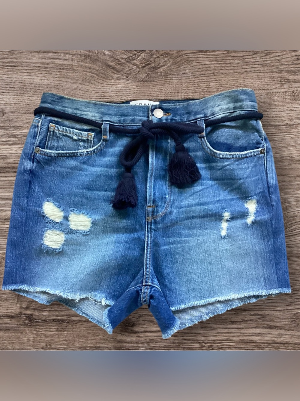 Frame Denim Distressed Shorts Oversized Tassel Drawcord Belt size 26